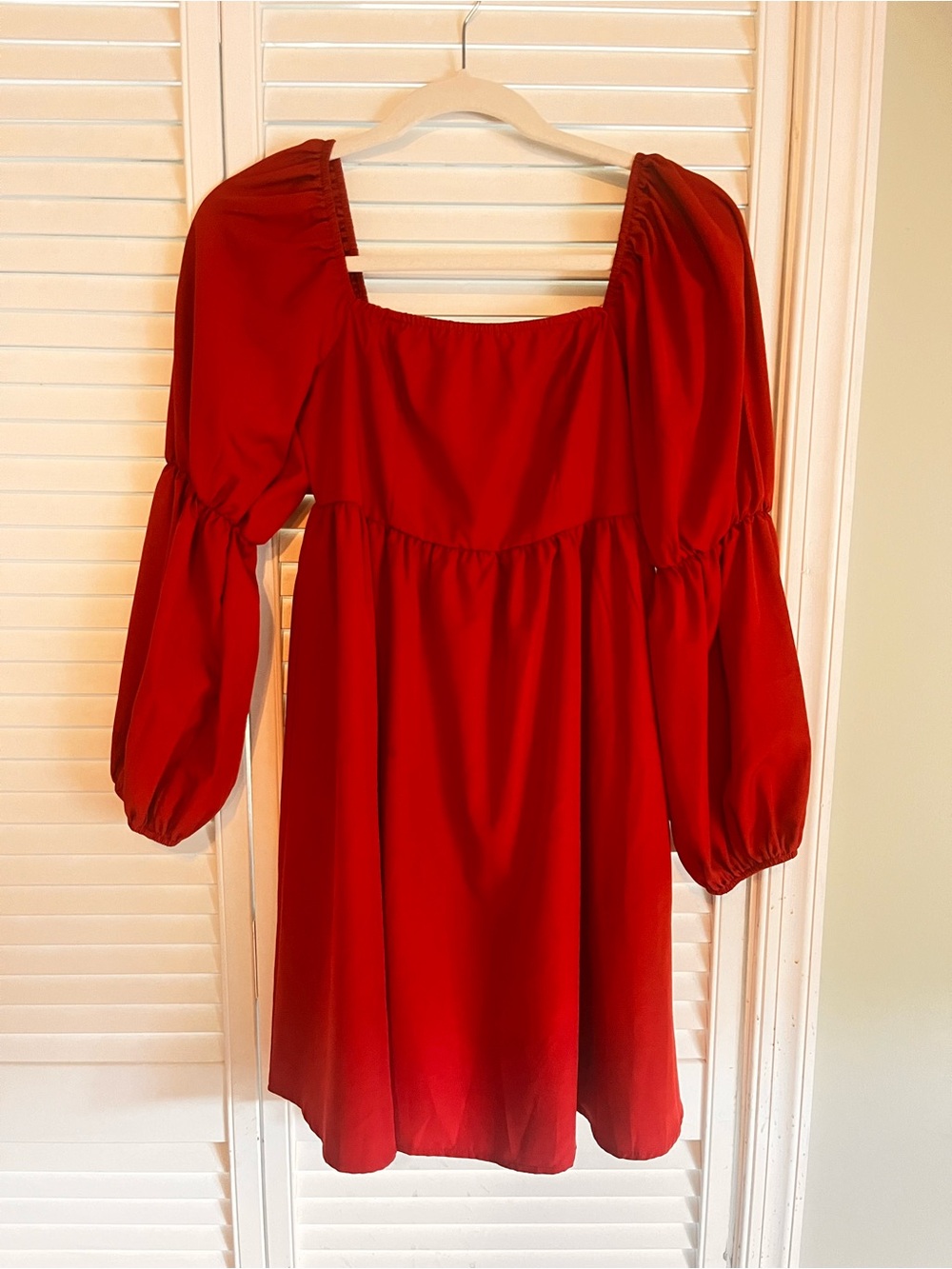 Square-Neck Red Midi Dress with Puff Sleeves